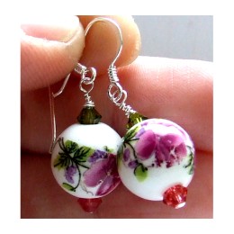 Hõbekõrvarõngad - portselanpärlid Swarovski kristallidega